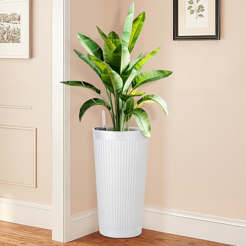 FENCY Self Watering Tall Planters Set of 2, White Round - color: White-round Ribbed