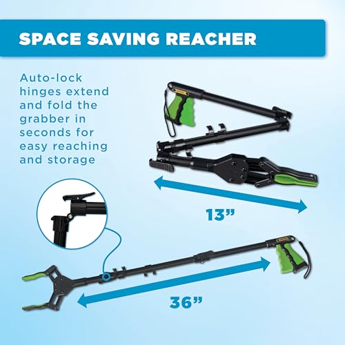 Folding Grabber Reacher Tool, 36-Inch, Green Gripper, Magnetic Tip - color: Green