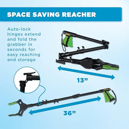 Folding Grabber Reacher Tool, 36-Inch, Green Gripper, Magnetic Tip - color: Green