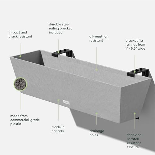 Veradek Pure Series Railing Planter - Tapered Window Box with Bracket - color: Gray, size: 36 inch
