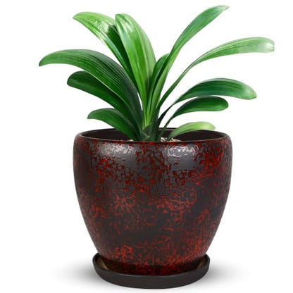 Ceramic Plant Pots With Saucer & Drainage Hole, 8 inch Indoor Flower Pots - color: Red, size: 8 inch