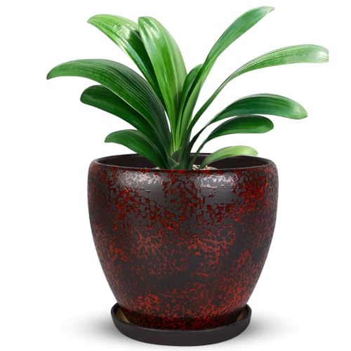 Ceramic Plant Pots With Saucer & Drainage Hole, 8 inch Indoor Flower Pots - color: Red, size: 8 inch