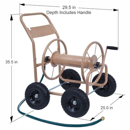 Liberty Garden Industrial 4 Wheel 300 Foot of 0.625 Inch Hose Steel Frame Water Hose Reel Cart for Backyard, Garden, or Lawn, Beige