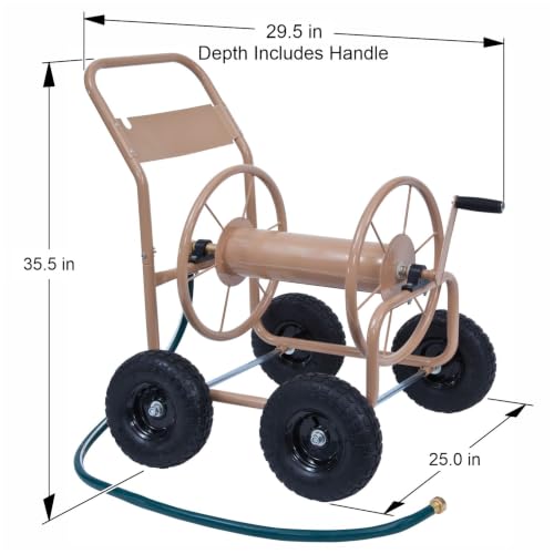 Liberty Garden Industrial 4 Wheel 300 Foot of 0.625 Inch Hose Steel Frame Water Hose Reel Cart for Backyard, Garden, or Lawn, Beige