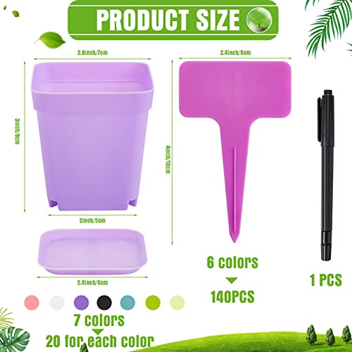 Zubebe 140 Pcs 3 Inch Plastic Plant Pots Square Seedling Nursery Pots Reusable Small Plant Pots with Saucers 140 Pcs Waterproof Plant Labels T Type Plant Tags Marking Pen for Garden Balcony Office - color: Colorful