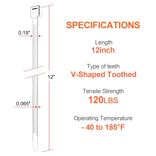 Zip Ties Heavy Duty 12 inch，V-Shaped Toothed Double Sided With 120 LBS Tensile Strength Cable Ties ，Extra Large Wire Ties Adjustable Nylon Tie Wraps for Indoor Outdoor Patented Design（100 Pack Black） - size: 12 Inch V Shaped 100 Pack （120 Lbs ）