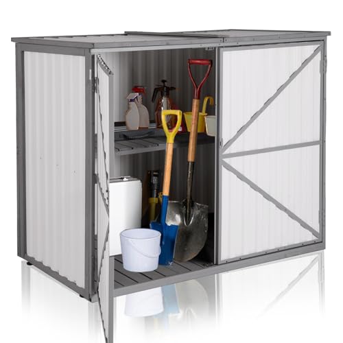 Aivituvin Outdoor Storage Cabinet with Front Metal Frame, Horizontal Garden Storage Shed for Tools and Garbage Cans, Reinforced Roof, Removable Shelving and Bottom (50.4” x 26.7” x 41.4”)