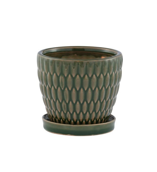 Napco Modern House Plant Succulent Herb Flower Pot with Drainage and Saucer Small 4.5 x 4.5 Inch Ceramic Glossy Green Embossed Oval Pattern – Contemporary Accent for Stylish Home or Office Décor - size: Small