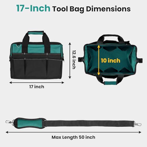 FamilyKit 17-Inch Heavy Duty Tool Bag for Men with 28 Multipurpose Pockets - color: Black-Green Tool Bag
