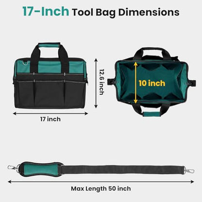 FamilyKit 17-Inch Heavy Duty Tool Bag for Men with 28 Multipurpose Pockets - color: Black-Green Tool Bag