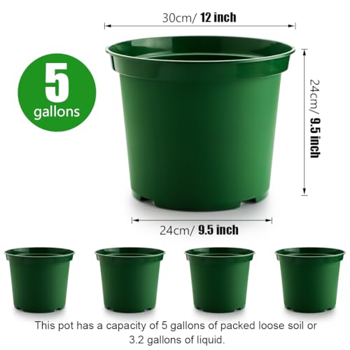 RooTrimmer 5 Gallon 12 Inch Plastic Nursery Pots, Plant Containers with Drainage Holes, Round Sturdy Garden Planters for Indoor/Outdoor Greenery, Gardening Gifts for Women (5-Pack, Green) - size: 5Gallon-5P-Green