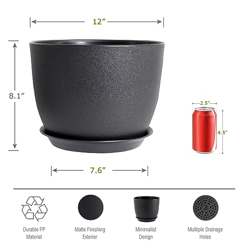 UOUZ 12inch Large Plant Pot, Modern Plastic Planter with High Driange Holes and Saucer for Indoor Outdoor Garden Plants and Flowers, Black - color: Black