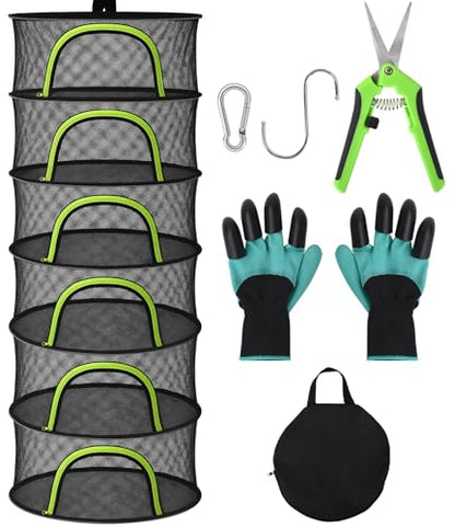 Herb Drying Rack Hanging Mesh 6 Layer 24" with Zipper, Gloves, Garden Pruning Shear, Hook & Carabiner Clip for Drying Herbs, Plants, Seeds, Buds | Outdoor, Hydroponics Herb Dryer Hanging Rack - style: 6 Layer 24"