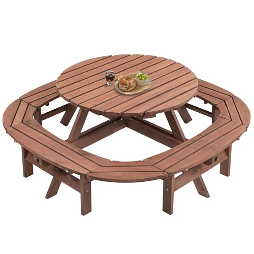8-12 Person Outdoor Round Wooden Picnic Table with 8 Built-in Benches, Umbrella Hole, Outside Table and Bench Set for Garden, Backyard, Porch, Patio and Deck - size: 12person
