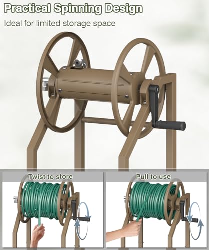 4-Spike Garden Hose Reel with 3.9ft Leader Hose & Stainless Fitting, Outdoor Hose Holder holds 125ft Hose of 5/8", Freestanding Metal Hose Stand for Outside Yard Lawn, Brown - color: Brown