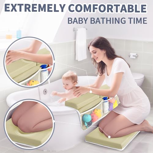 URMYWO Bath Kneeler and Elbow Rest Pad Set - 1.5" Thick Baby Bath Kneeler Pads with Toys Organizer, Anti-Slip Cozy Knee & Arm Support Bathtub Mat, Quick Dry Kneeling Pad for Baby Bath Time - color: Beige