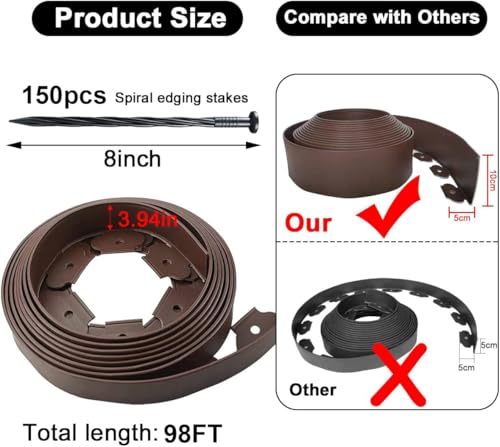 Landscape Edging 98FT,Garden Edging Borders [Extra Tall 4IN High] with 150pcs Plastic Stakes, Lawn Edging Flexible DIY Fence for Landscaping,Flower Bed,Grass,Gravel,Tree Surrounding-Brown - color: Brown, size: 4IN x 98 FT