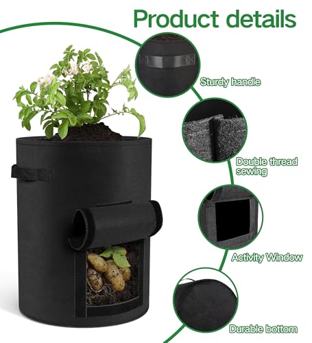 6-Pack 10 Gallon Potato Grow Bags – Durable Nonwoven Fabric Planters with Reinforced Handles | Reusable Garden Containers for Potatoes, Vegetables (Black, 10 Gallons/6 Pack) - size: 10 Gallons
