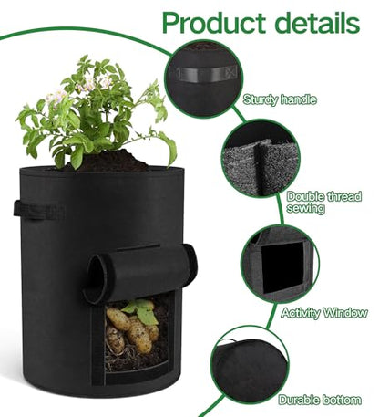 6-Pack 10 Gallon Potato Grow Bags – Durable Nonwoven Fabric Planters with Reinforced Handles | Reusable Garden Containers for Potatoes, Vegetables (Black, 10 Gallons/6 Pack) - size: 10 Gallons