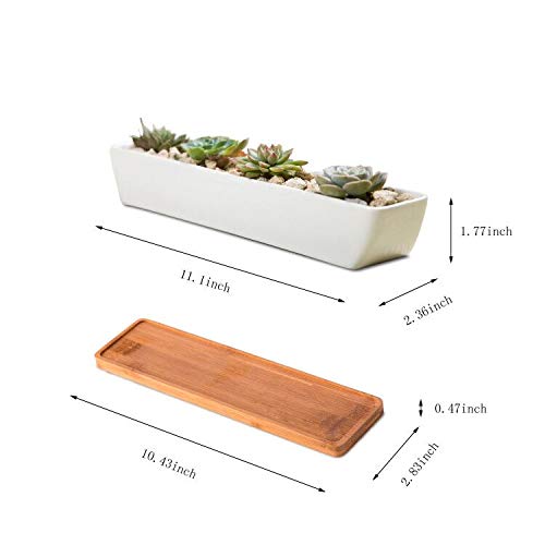11inch Long Rectangle White Ceramic Succulent Planter Pots,with Bamboo Saucers. Product Size:11x2.23x1.69inch.