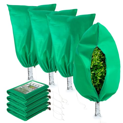 Homimp Plant Covers Freeze Protection,4 PCS Frost Covers with Zipper Drawstring (31.5" x 39.4") Plant Protection Cover Bags for Outdoor Winter Frost Cold Weather Shrubs Trees Jacket Covers,Green - size: 31.5"W x 39.4"H