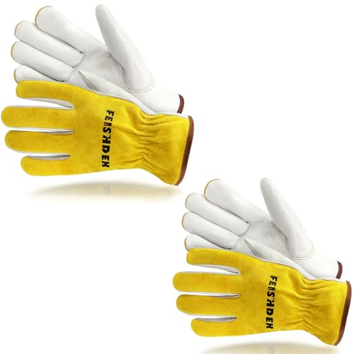 Leather Work Gloves, Puncture Proof Garden Gloves for Women, Heavy Duty Safety Working Gloves for Men - color: Yellow+white-2 Pairs, size: Large