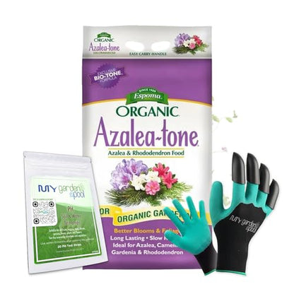 Espoma AT18 Azalea-Tone 4-3-4; 18 lb. Bag with My Garden Pool PH Soil Test Strips 20 ct, and My Garden Pool Superior Gardening Claw Gloves and Garden-IQ, Smart Gardening AI Assistant!