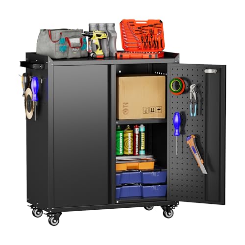Aobabo Metal Storage Cabinet, 31.5" H x 26" W Rolling Tool Cart with Lock - color: Black, size: 13.8"D x 26"W x 31.5"H-0 Drawers