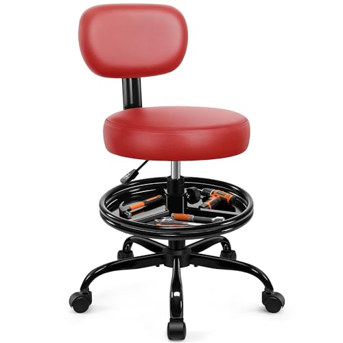 Shop Stool with Wheels for Garage, Mechanics Rolling Chair with Backrest, Adjustable Height Heavy Duty Garage Stool with Footrest and Storage Tray, Swivel Task Chair for Workshop Kitchen Salon (Red) - color: Red