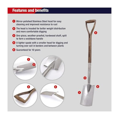 Spear & Jackson Traditional Stainless Border Spade, Mirror-Polished Stainless Steel Head, Weatherproofed Hardwood Shaft, Ergonomic Wishbone Handle - style: Border Spade