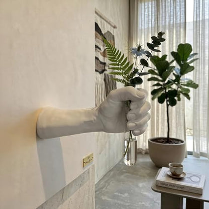 Wall Mounted Hand Vase with Glass Tube, Modern Resin Hand Flower Vase for Dried Flowers & Fresh Blooms, Nordic Minimalist Sculpture for Living Room Bedroom Bathroom Entryway Decor, White