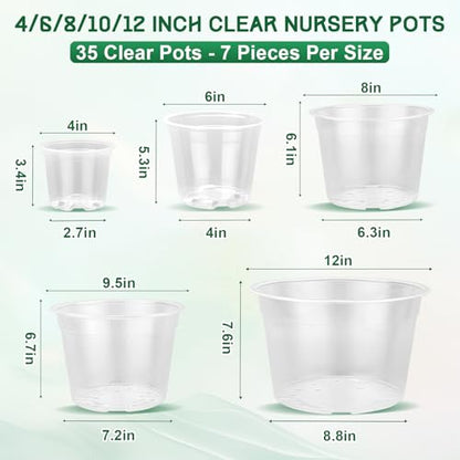 OUPSAUI 35 Pack 4/6/8/10/12 Inch Clear Nursery Pots with Drainage Hole, Clear Large Plastic Pots for Plants, Transparent Variety Seedling Planter for Vegetable Flowers Fruits - size: 35PCS-4+6+8+10+12