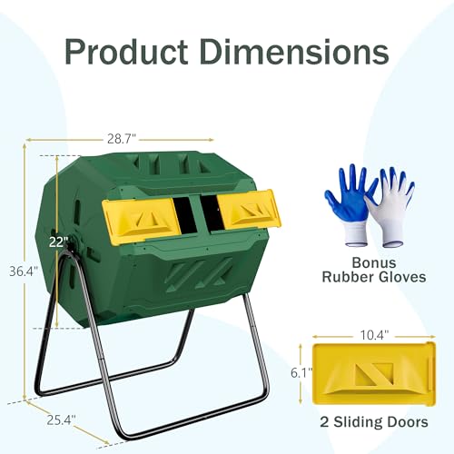 43 Gallon Outdoor Dual Chamber Tumbling Composter - BPA Free, Rotating Compost Bin with Sliding Doors & Steel Frame for Garden/Yard - color: Green