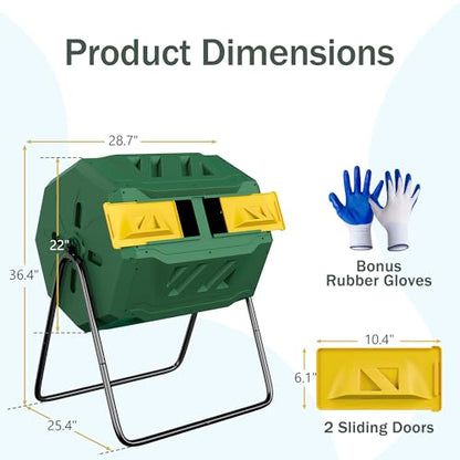 43 Gallon Outdoor Dual Chamber Tumbling Composter - BPA Free, Rotating Compost Bin with Sliding Doors & Steel Frame for Garden/Yard - color: Green
