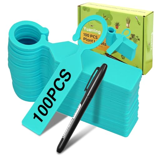 Plant Labels Yuanling 100Pcs Plastic Waterproof Plant Tree Tags Nursery Garden Markers for Indoor Outdoor Gardening Plants Vegetables Flowers Potted (Teal Color with 1 Marker Pen) - color: Teal