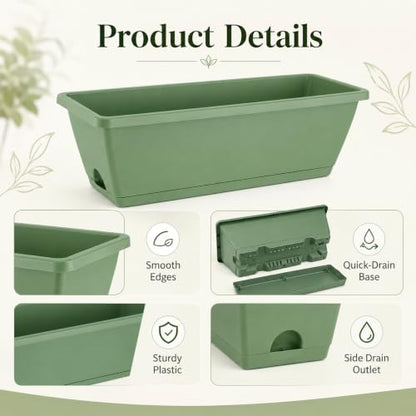 12 Pack Long Flower pots, 16.9 x 7.5 x 5.9 in Rectangular Flower Pots with Saucers and Drainage Holes, 6 Plastic Flower Pots for Vegetables, Flowers, Windowsill, Balcony, Garden