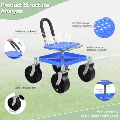 Garden Cart with Seat and Wheels, Blue - color: Blue