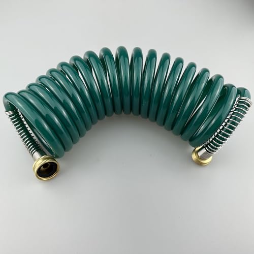 Darnassus Coil Garden Hose with Brass Connector - Self Retracting Spiral PU Curly Water Hose 15FT, Retractable and Corrosion Resistant for Patio Plants & Porch Cleaning - color: Dark Green, size: 15 FT