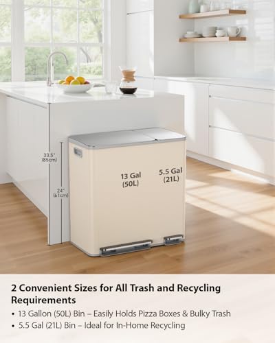Lovewind Double Trash Can Kitchen, 13+5.5 Gallon Stainless Steel Dual Trash and Recycle Bin Combo with Silent Close Lid, Heavy-Duty Foot Pedal, Easy to Clean Garbage Can for Large Families, Apricot - color: Apricot, size: 13+5.5 Gallon