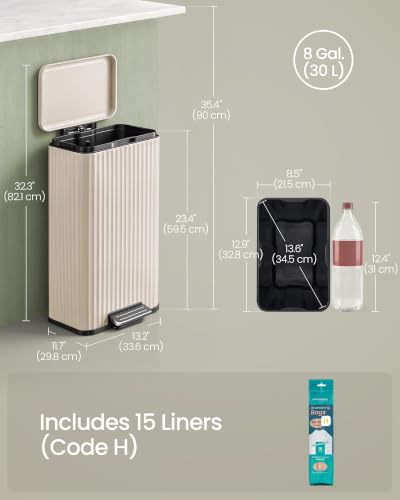 SONGMICS Trash Can, 8 Gallon (30 L), Stainless Steel, with Lid, Pedal - color: Cream White, size: 8 Gallon