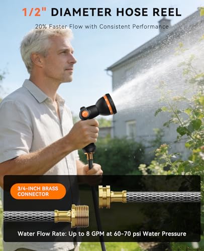 SUNPOW Retractable Garden Hose Reel - 1/2" x 100ft Wall Mounted Hose Reel with 3/4'' Brass Fitting & 10-Pattern Nozzle - Auto Slow Retraction, Any-Length Lock, 180°Swivel for Lawn & Gardening - size: 1/2" 100FT