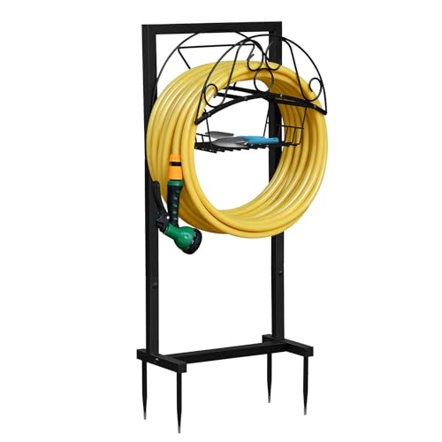 Skypatio Garden Hose Holder with Basket, Metal Water Hose Holder Holds 150ft Hose, Freestanding Hose Storage Stand with 4 Stakes, Rust-Resistant Heavy Duty Hose Hanger for Outside