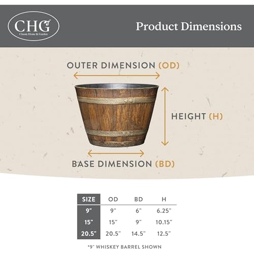 Classic Home and Garden Outdoor Round Whiskey Resin Flower Pot Barrel Planter, Distressed Oak Brown, 20.5" (Pack of 3) - color: Distressed Oak Brown, size: 20.5 Inch (Pack of 3), style: Rustic