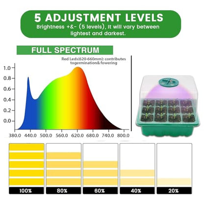 Seed Starter Tray with Grow Light，4 Pack Seed Starter Kit with Timing Controller Adjustable Brightness, Heightened Lids Growing Trays for Greenhouse & Gardens (Green)