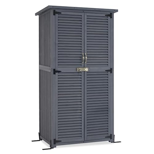 MCombo Outdoor Wooden Storage Cabinet, Garden Tool Shed with Latch, Outside Tools Wood Cabinet with Double Doors for Patio - color: Gray, size: Large