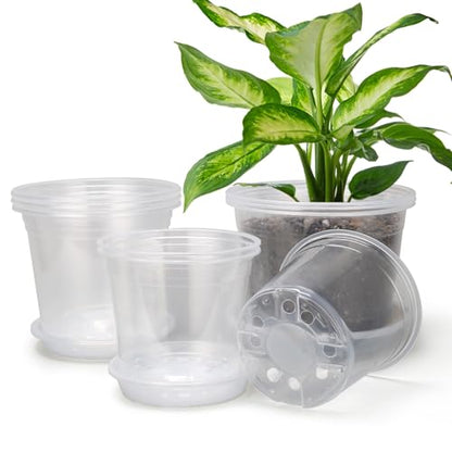 OUPSAUI 8/7/6 Inch Clear Nursery Pots with Drainage and Trays, 9 Pack Large Plastic Pots for Plant, Seedling Starter Pot, Garden Pots for Succulents Flower Vegetables Herb - size: 6/7/8 Inch