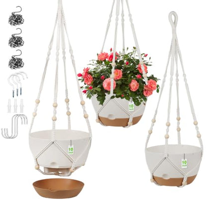 3 Pack Hanging Pot for Indoor Plants, 10inch Self-Watering Hanging Planter, Macrame Plant Hanger with Pot, Metal Chain, S & Ceiling Hooks, Removable Saucer and Drainage Holes for Garden Home - White - color: White