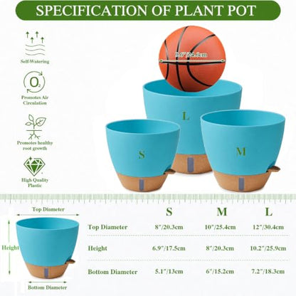 Ecolley Plant Pots 8/10/12 Inch Self Watering Pots, Set of 3 Plastic Planters with Drainage Holes and Saucers,Plastic Flower Pots,Nursery Planting Pot for Indoor Out Door PlantsBlue Green - color: Blue Green