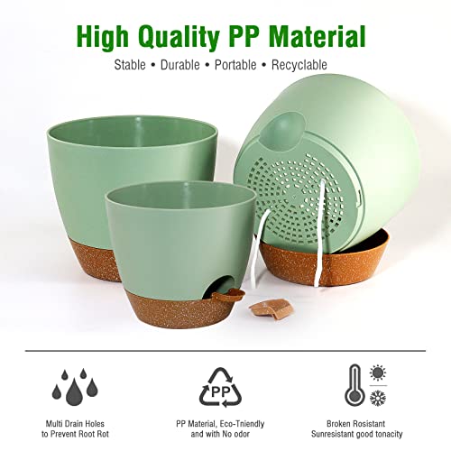 UOUZ Large Self Watering Pots, 12/10/9 Plastic Planters with High Drainage Holes and Deep Reservoir for Indoor Outdoor Garden Plants and Flowers, Green with Brown - color: Green With Brown