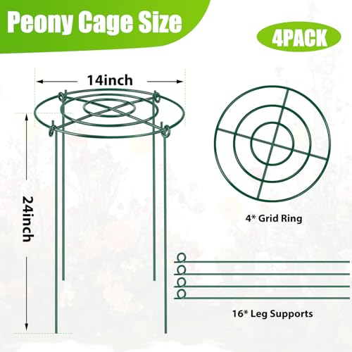 4 Pack Large Peony Cages and Supports, 14" D x 24" H Metal Plant Supports - size: 14" Wx24" H-4 Pack
